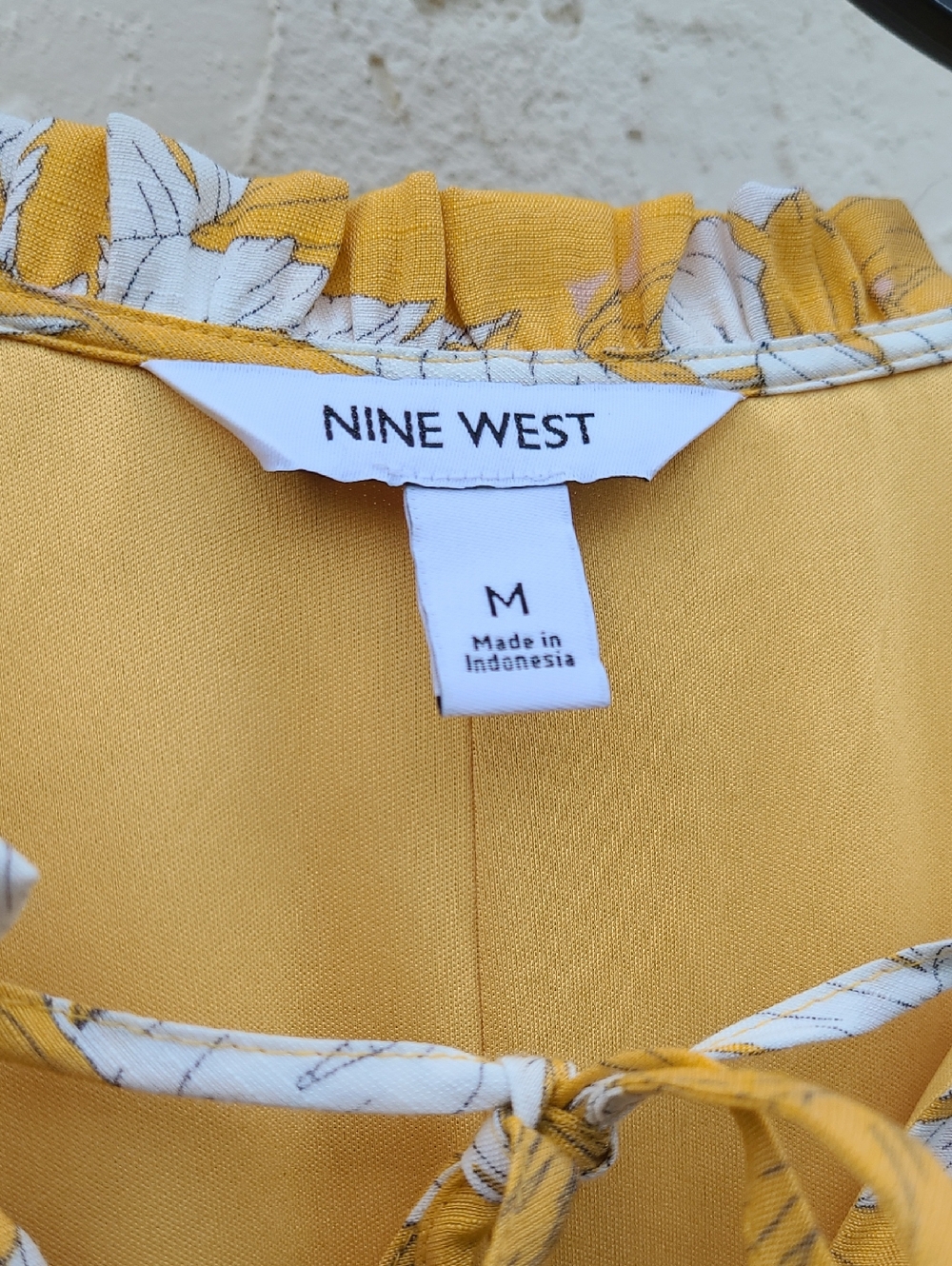 Boho Nine West Maxi Dress Long Halter Sleeveless Leaf Floral M Yellow White Tie - Picture 2 of 7